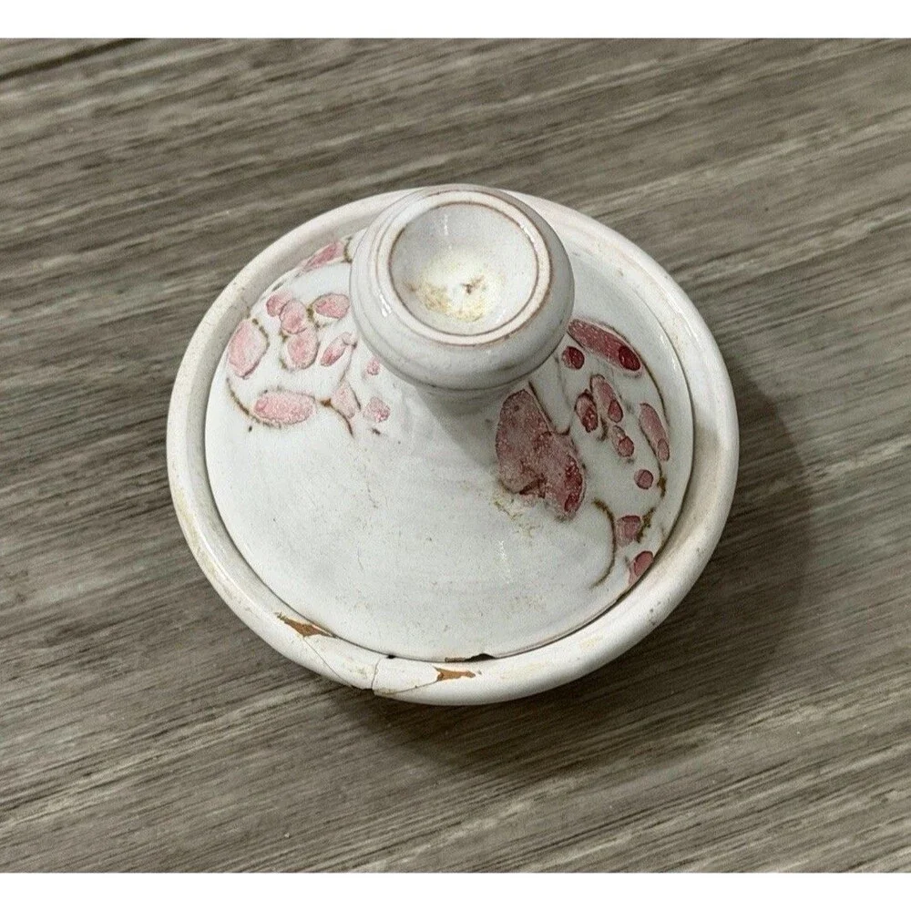 Vintage Small Clay Tagine White W/ Pink Flowers Handmade & Signed BROKEN - READ